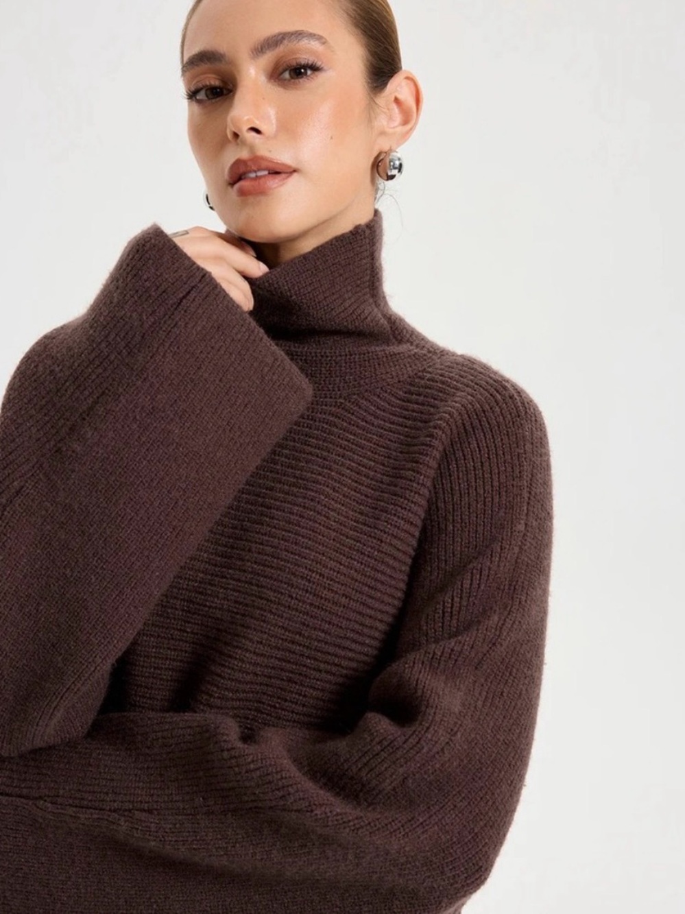 New Commense Brown Turtleneck Oversized Ribbed Sweater & Maxi Knit Skirt Set XS